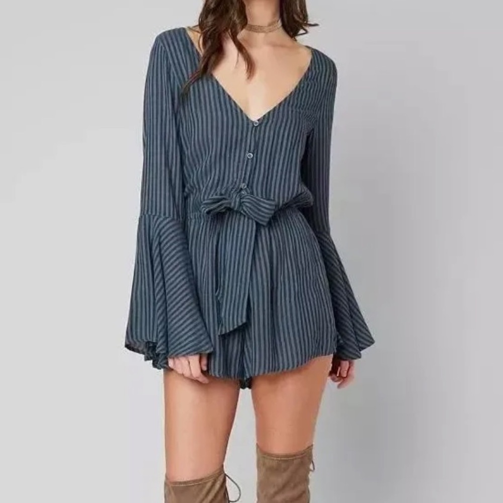 Billabong Blue Striped Long-Sleeve V-Neck Romper